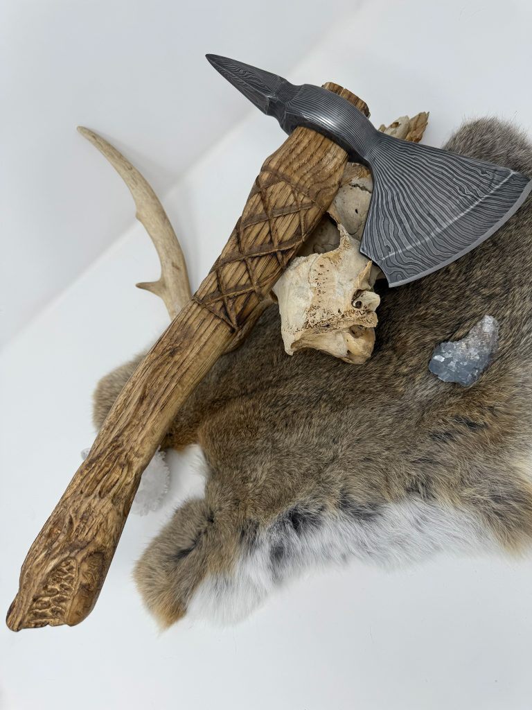 Damascus Axe with Carved Design in Wood Handle