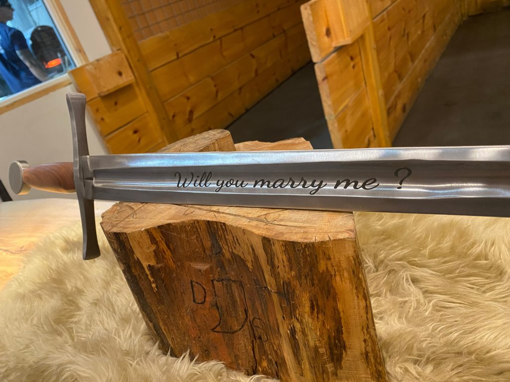 Sword with Will You Marry Me etching